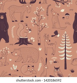 Autumn Forest Seamless Vector Pattern. Woody Landscape With Bear Deer Hare Wolf Moose Fox Owl Squirrel Creatures Repeatable Background. Woodland Childish Print In Scandinavian Decorative Style. Cute