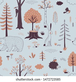 Autumn Forest seamless vector pattern. Woody landscape with Hedgehog Bear Hare creatures repeatable background. Woodland childish print in Scandinavian decorative style. Cute forest animal backdrop.