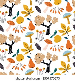 Autumn Forest seamless vector pattern.
Autumn harvest. Woodland childish print in Scandinavian decorating style. Hand draw texture. Vector template.