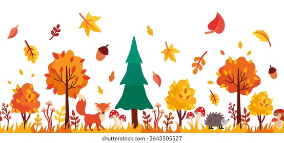 Autumn forest. Set of autumn leaves, trees, mushrooms, berries, animals in flat style. isolated on white background
