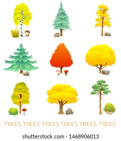 Autumn forest. Set of trees, bushes, mushrooms, stones. Yellow trees. Autumn combination. Elements on the autumn theme
