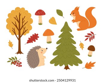 Autumn forest set. Trees, leaves, mushrooms, rowan, squirrel and hedgehog. Woodland plants and animals. Fall season. Vector flat illustration isolated on white background