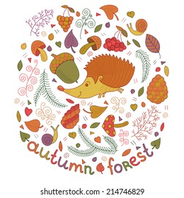 Autumn forest set in vector. Fall collection with hedgehog, leafs, branches, berries, mushrooms, cones and snail in cartoon style