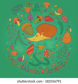 Autumn forest set in vector. Hedgehog, leafs, branches, berries, mushrooms, cones and snail in cartoon style