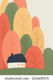 Autumn forest. Small house between colored trees. Warm autumn atmosphere. Vector illustration.
