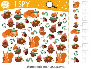 Autumn Forest I Spy Game For Kids. Fall Searching And Counting Activity For Preschool Children With Woodland Animals, Birds, Insects. Funny Printable Worksheet For Kids. Simple Spotting Puzzle.
