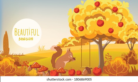 Autumn forest. Squirrel eating a acorn. Tree filled with apples, bushes, mushrooms. Vector