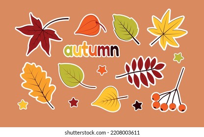 Autumn Forest Sticker Pack With Cartoon Leaves And Berries