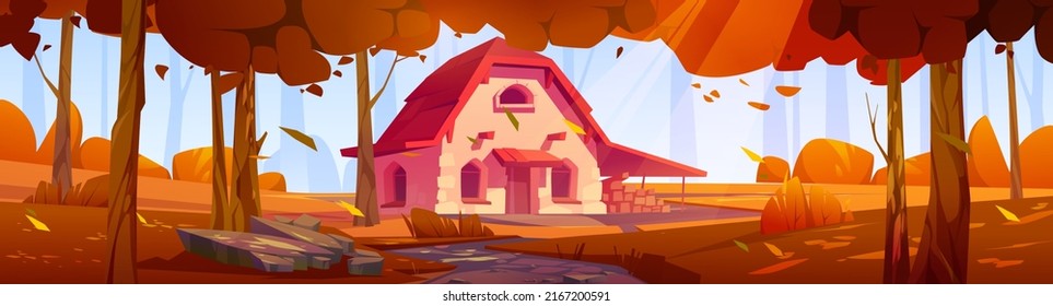 Autumn forest with stone farm house on glade. Vector cartoon panoramic illustration of deep woods scene with forester hut with woodpile stack, road, orange grass and trees in fall