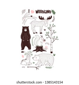 Autumn Forest themed vector illustration. Woody landscape elements Bear Hare Squirrel Moose Deer creatures t-shirt graphics. Woodland childish print in Scandinavian decorative style. Cute forest