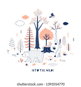 Autumn Forest themed vector illustration. Woody landscape scene with cute bear graphics. Woodland childish print in Scandinavian decorative style. Cute forest tree plant bird animal poster. Into the