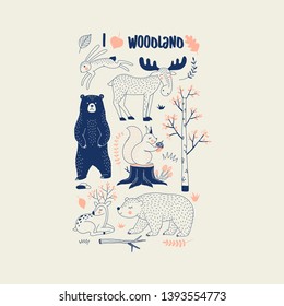 Autumn Forest themed vector illustration. Woody landscape elements Bear Hare Squirrel Moose Deer creatures t-shirt graphics. Woodland childish print in Scandinavian decorative style. Cute forest