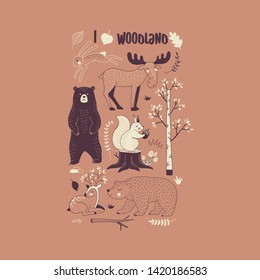 Autumn Forest themed vector illustration. Woody landscape elements Bear Hare Squirrel Moose Deer creatures t-shirt graphics. Woodland childish print in Scandinavian decorative style. Cute forest