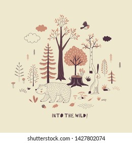 Autumn Forest themed vector illustration. Woody landscape scene with cute bear graphics. Woodland childish print in Scandinavian decorative style. Cute forest tree plant bird animal poster. Into the