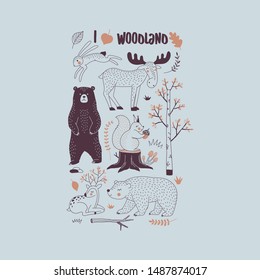 Autumn Forest themed vector illustration. Woody landscape elements Bear Hare Squirrel Moose Deer creatures t-shirt graphics. Woodland childish print in Scandinavian decorative style. Cute forest