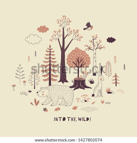 Autumn Forest themed vector illustration. Woody landscape scene with cute bear graphics. Woodland childish print in Scandinavian decorative style. Cute forest tree plant bird animal poster. Into the