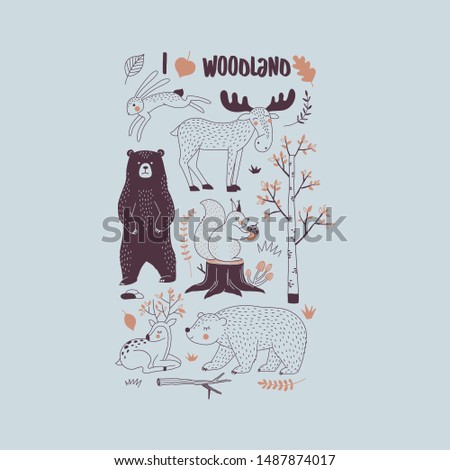 Autumn Forest themed vector illustration. Woody landscape elements Bear Hare Squirrel Moose Deer creatures t-shirt graphics. Woodland childish print in Scandinavian decorative style. Cute forest