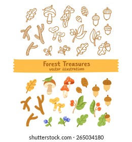 Autumn forest treasures vector illustration outlined and colorful collection with mushrooms, sticks, acorns and other things