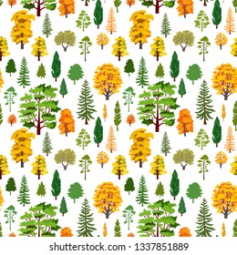 Autumn forest tree pattern. Woodland cartoon seamless landscape.Vector decorative background. Different trees in flat style