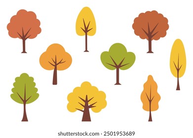 Conjunto de árbol de bosque de otoño. Árboles dorados, rojos, marrones, verdes, amarillos de la temporada de otoño. Ilustraciones vectoriales planas aisladas sobre fondo transparente.