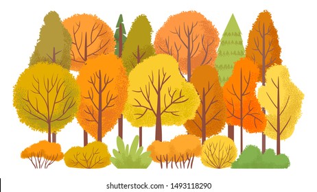 Árboles forestales del otoño. Jardín otoñal, abstracto de árbol amarillo. Octubre, temporada de hojas doradas, setiembre hojas de oro de la madera, dibujos aislados del vector ilustración