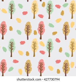 Autumn forest. Trees with colorful foliage standing among fallen colorful leaves. Vector illustration.