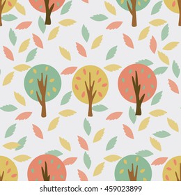 Autumn forest. Trees with colorful foliage standing among fallen colorful leaves. Vector illustration.