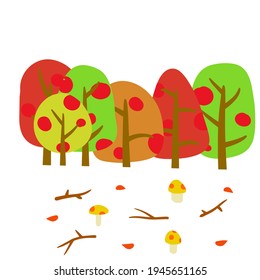 Bosque otoñal. Árboles con coronas de diferentes colores. Hojas verdes, amarillas y rojas. Woodland. Decoración para el fondo del dibujo infantil. Dibujo plano