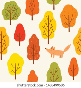 Autumn forest trees with fox.Seamless pattern