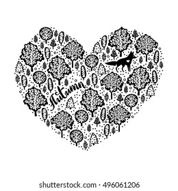 Autumn. Forest and trees. Heart. Fox. Lettering. Isolated vector object on white background.
