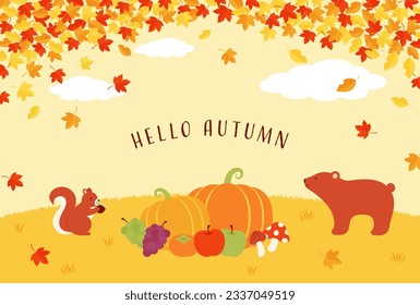 autumn forest vector background with harvests and animals for banners, cards, flyers, social media wallpapers, etc.