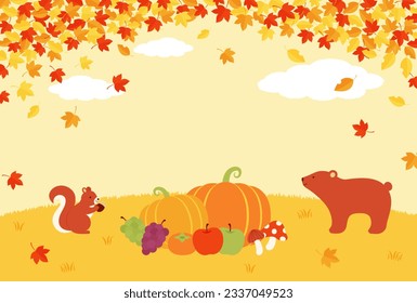 fondo de vectores forestales otoñales con cosechas y animales para carteles, tarjetas, volantes, fondos de pantalla de medios sociales, etc.