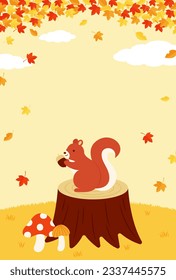 autumn forest vector background with a squirrel and leaves for banners, cards, flyers, social media wallpapers, etc.