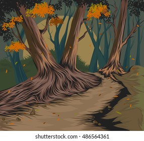 Autumn forest vector hand drawing nature landscape background