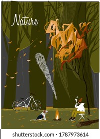 
Autumn in the forest. Vector illustration with a man and a dog in the forest for print, postcard, poster, design, book.