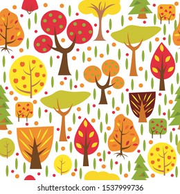 Autumn forest vector illustration. Seamless pattern isolated on white. Cartoon style
