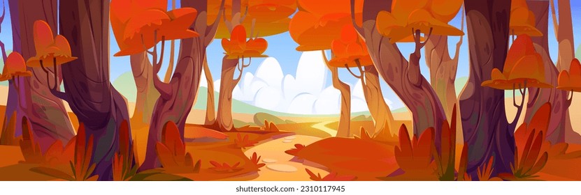 Autumn forest vector landscape. Path near orange tree in cartoon fall park scene. Sunny day in valley horizon. Falling season and footpath on road between maple woods, blue sky with cloud