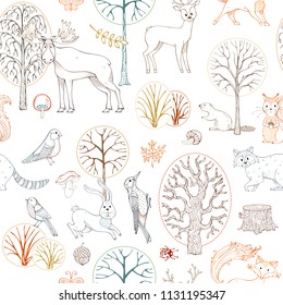 Autumn forest. Vector seamless pattern. Outline wild animals and birds. Fox, moose, deer, bear, squirrel, beaver, raccoon, woodpecker, hedgehog and others. Trees, leaves, seeds and mushrooms.