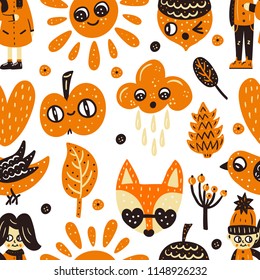 Autumn Forest. Vector seamless pattern Bright background.