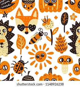 Autumn Forest. Vector seamless pattern. Bright background