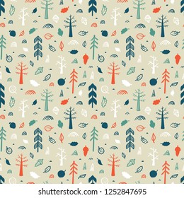 Autumn Forest Vector Seamless pattern. Childish Background with Hand Drawn doodle Trees. Woodland background. Design for kids