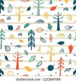 Autumn Forest Vector Seamless pattern. Childish Background with Hand Drawn doodle Trees. Woodland background. Design for kids