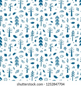 Autumn Forest Vector Seamless pattern. Childish Background with Hand Drawn doodle Trees. Woodland background. Design for kids