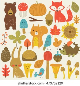 Autumn forest in vector set with cute forest animals, leaves, mushrooms and birds in cartoon style