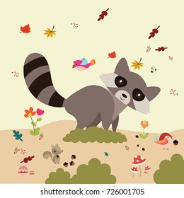 Autumn forest in vector set with cute forest animals