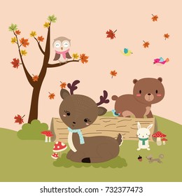 Autumn forest in vector set with cute forest animals