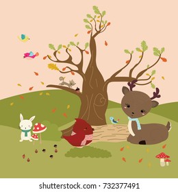 Autumn forest in vector set with cute forest animals