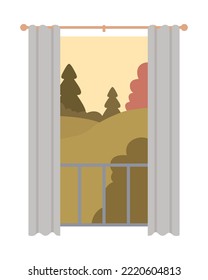 Autumn forest view semi flat color vector object. Editable element. Full sized item on white. Window and curtain simple cartoon style illustration for web graphic design and animation