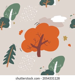 Autumn forest in windy weather seamless pattern 