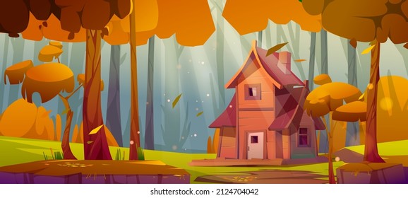 Autumn forest with wooden house on glade. Vector cartoon illustration of deep woods landscape with forester hut, grass and orange trees. Fall scene with cottage